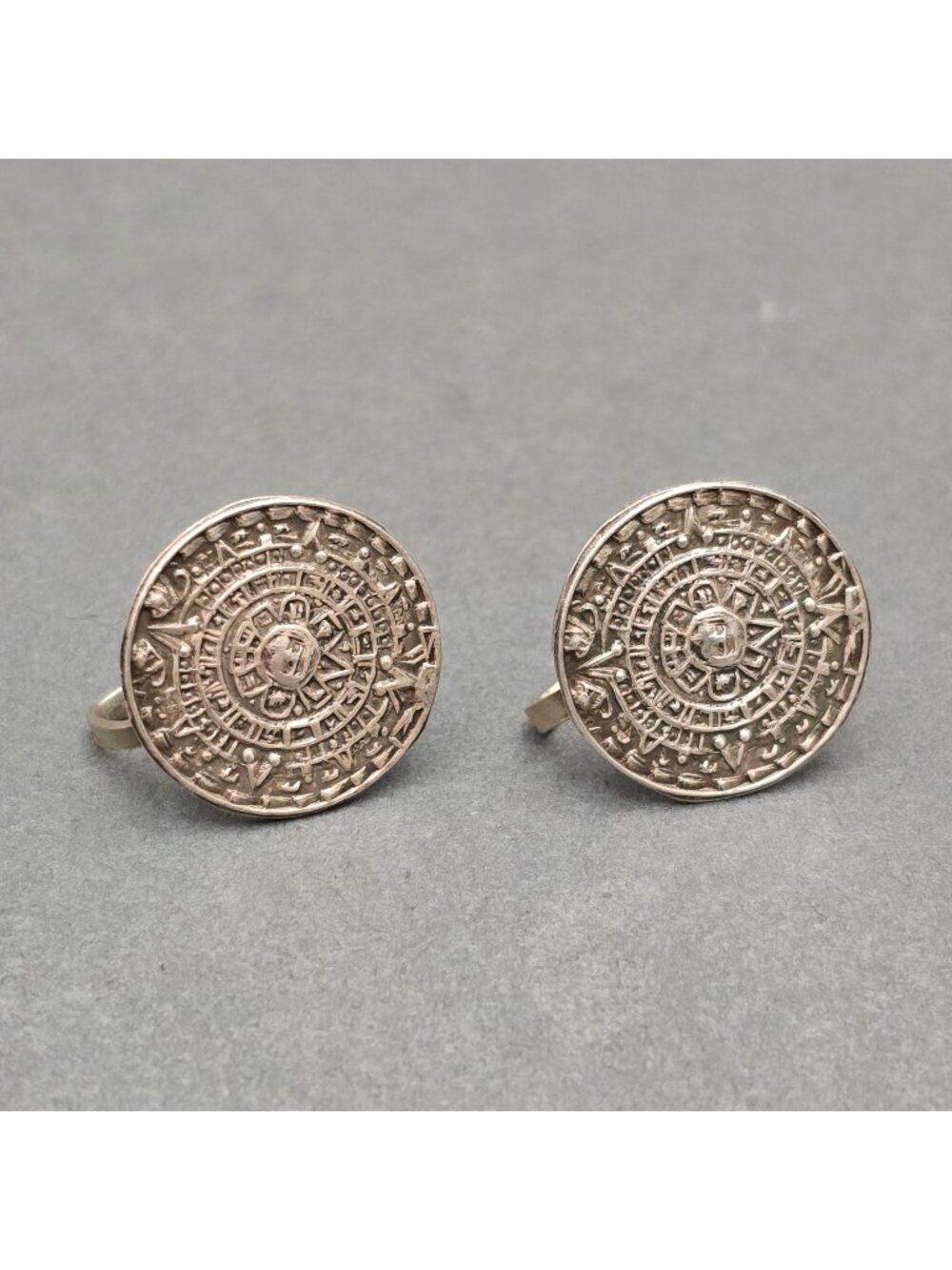 Vintage Taxco Far Fan Sterling Silver Aztec Sun Stone Earrings .75" Screw Back